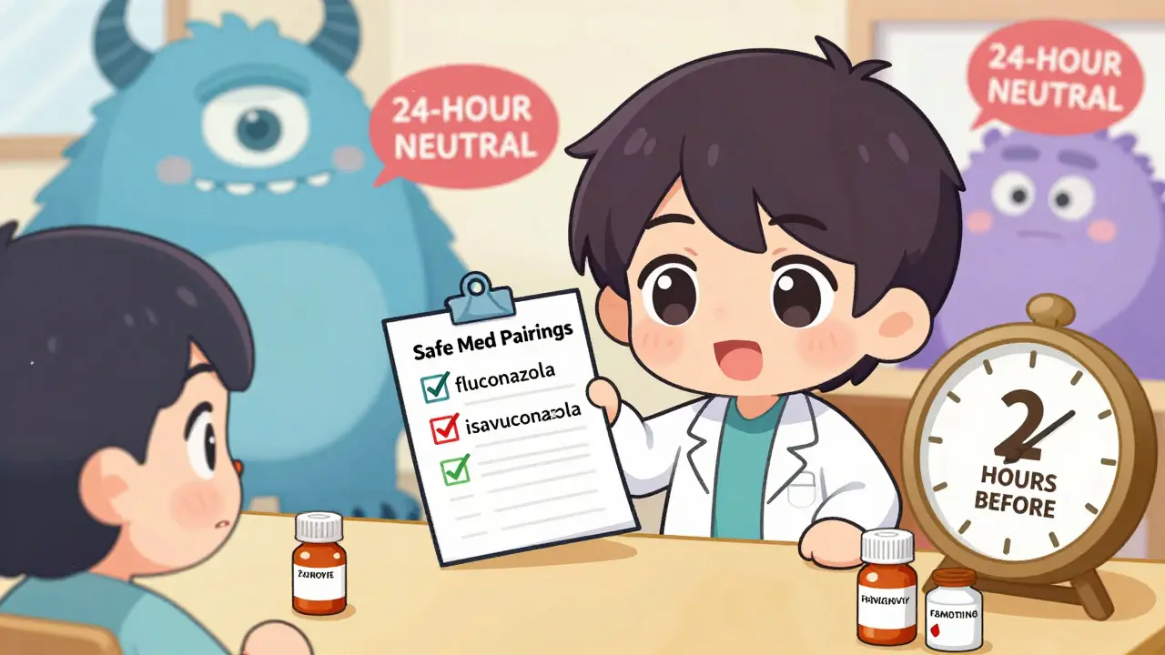 Pharmacist guiding patient on safe timing between antiviral and H2 blocker.