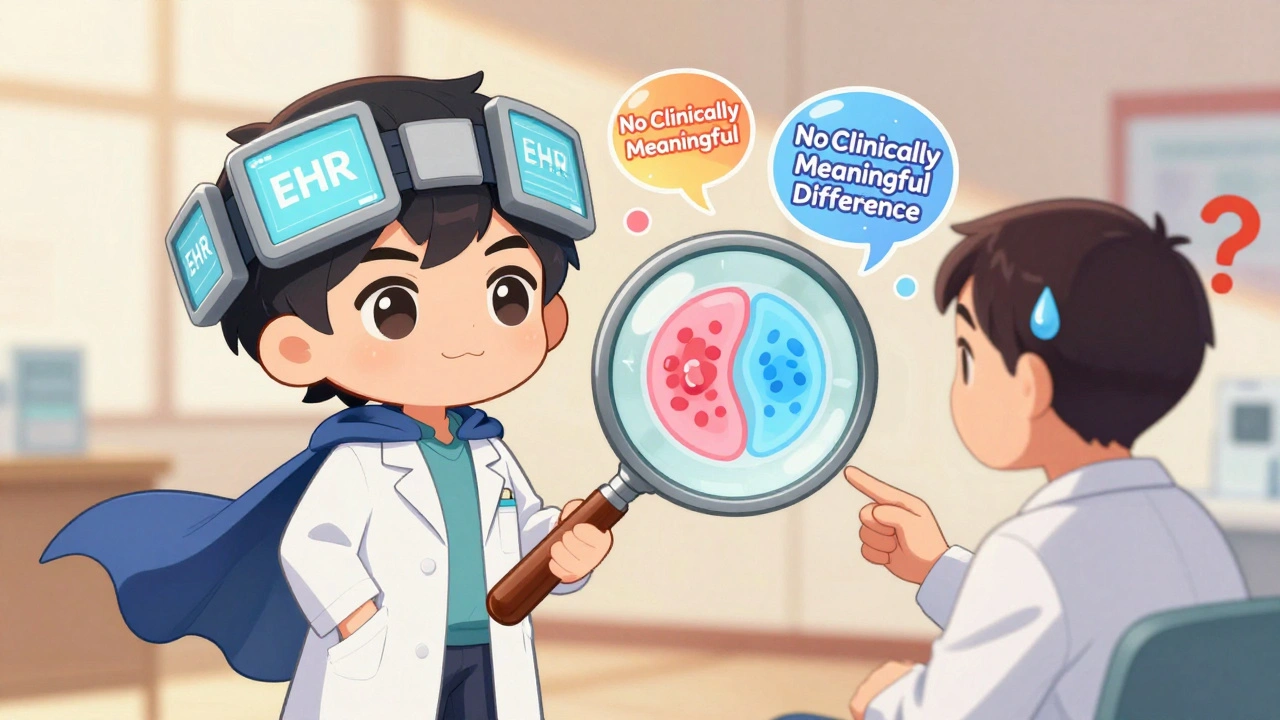 Pharmacist using a magnifying glass to show immune system similarity between biologic and biosimilar to a skeptical doctor.
