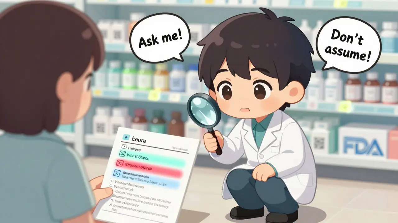 Pharmacist using magnifying glass to show hidden allergens in drug ingredients