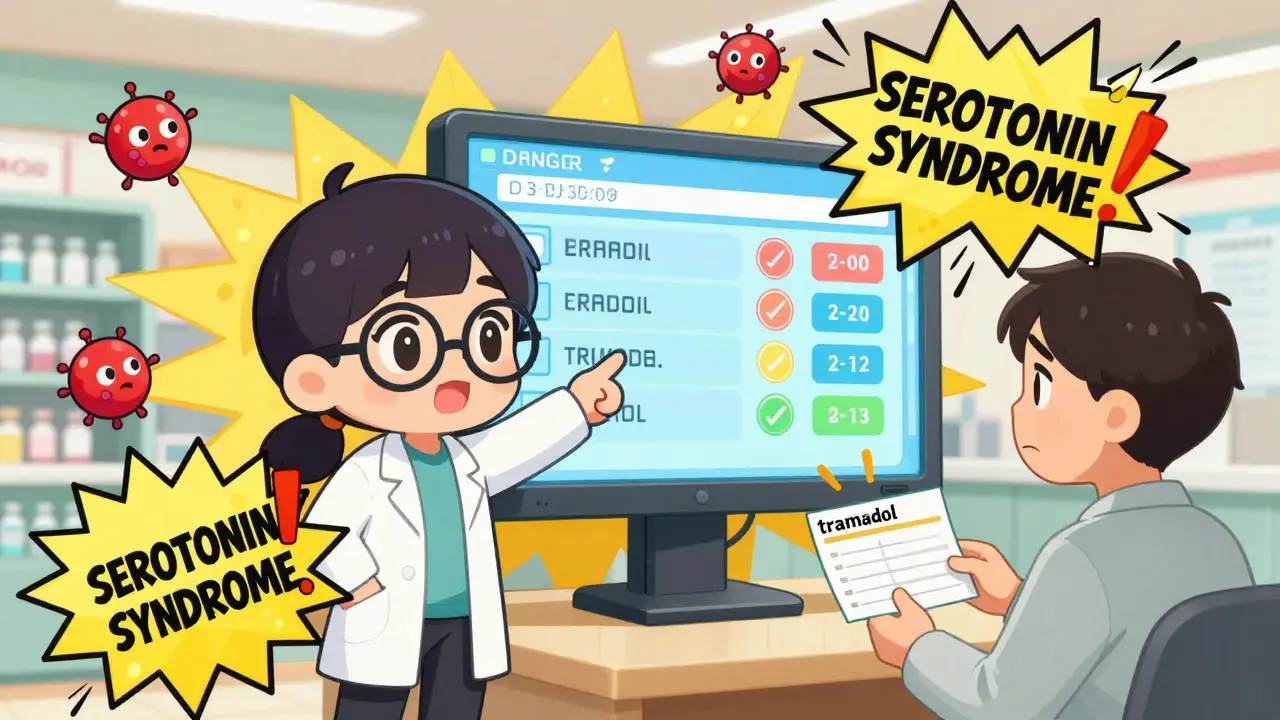 Pharmacist warning patient about dangerous drug interaction on a digital screen.