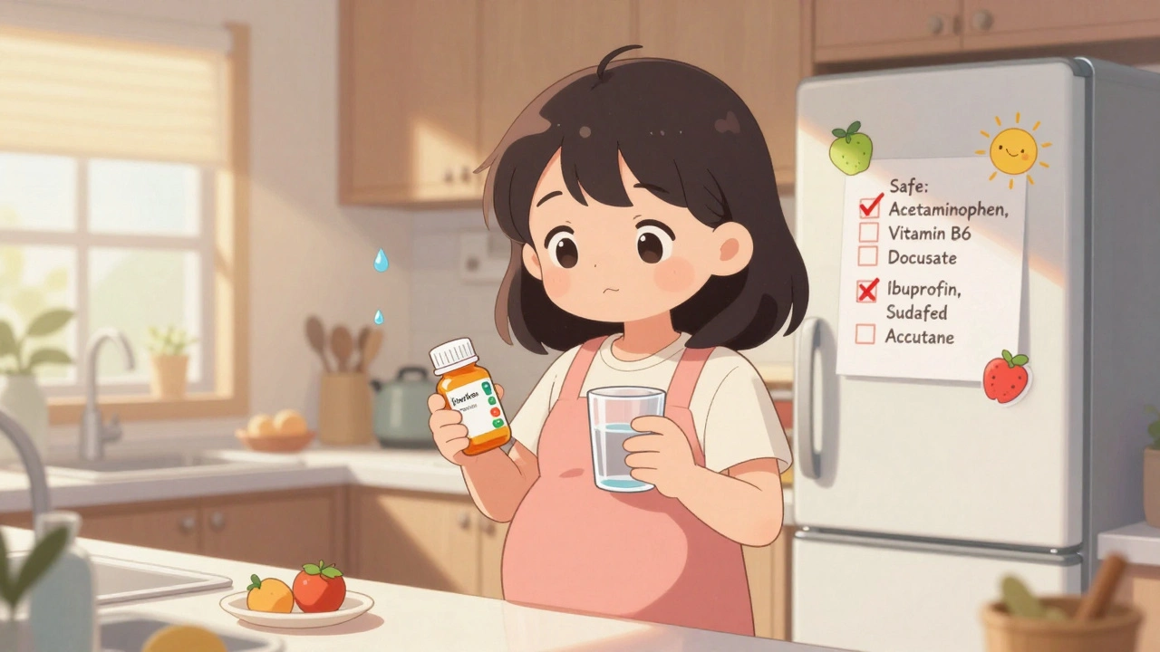 Pregnant woman checking medication labels in a kitchen, with safe and unsafe drug icons on a fridge checklist.