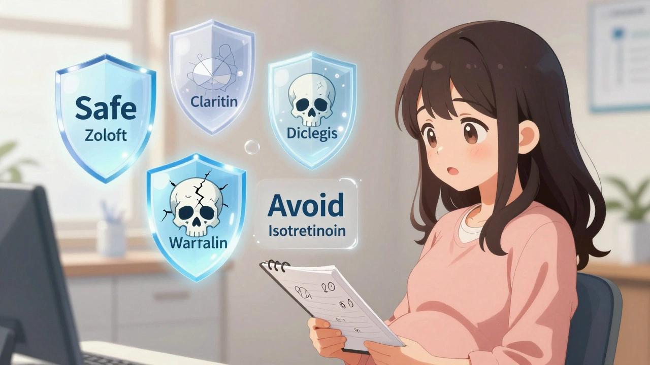 Pregnant woman consulting her doctor, with glowing &#039;Safe&#039; and &#039;Avoid&#039; shields floating above medications.