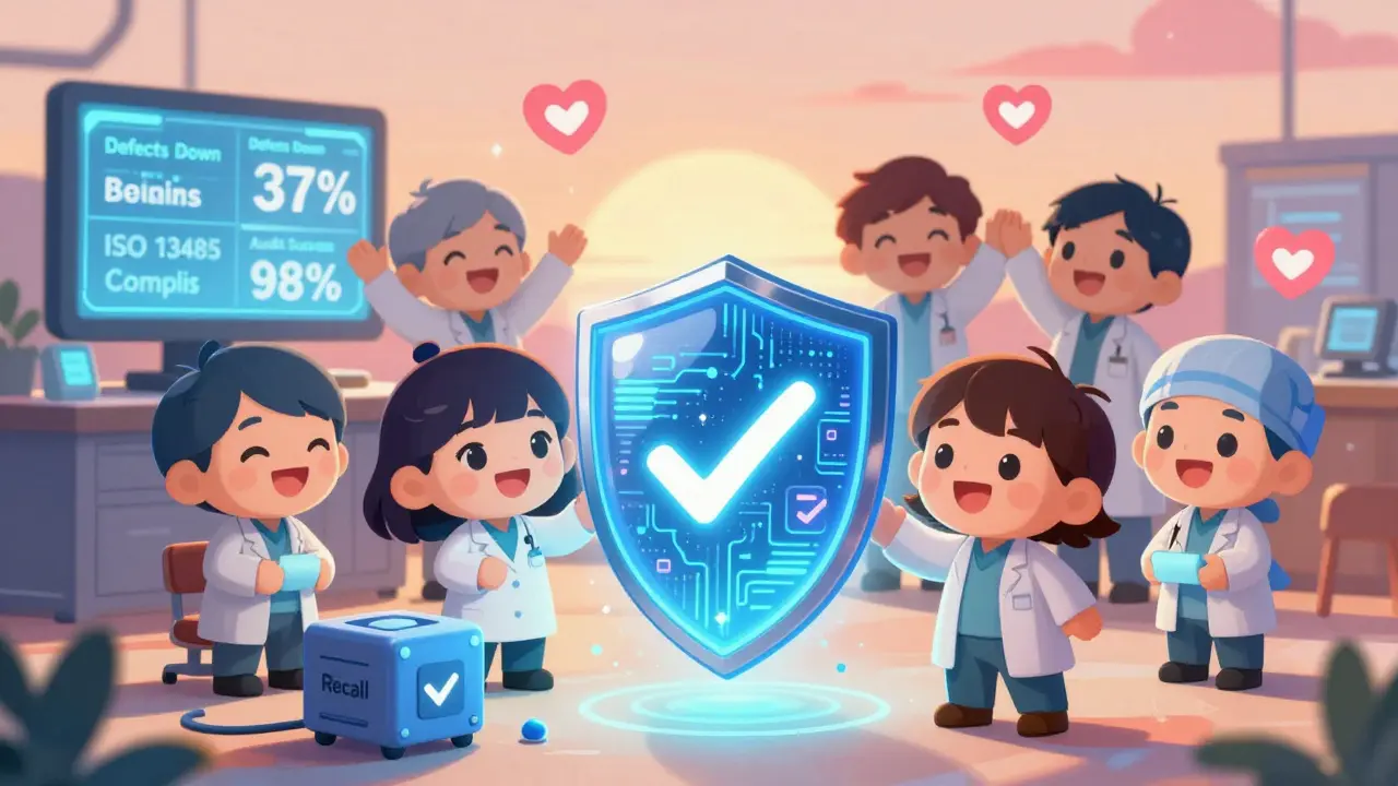 Smiling patients are protected by a shield of data and AI checks, with engineers celebrating compliance.
