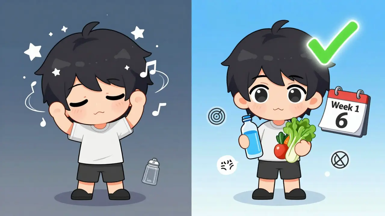 Split image showing transition from dizzy, ringing ear state to calm, healthy state with water and vegetables.