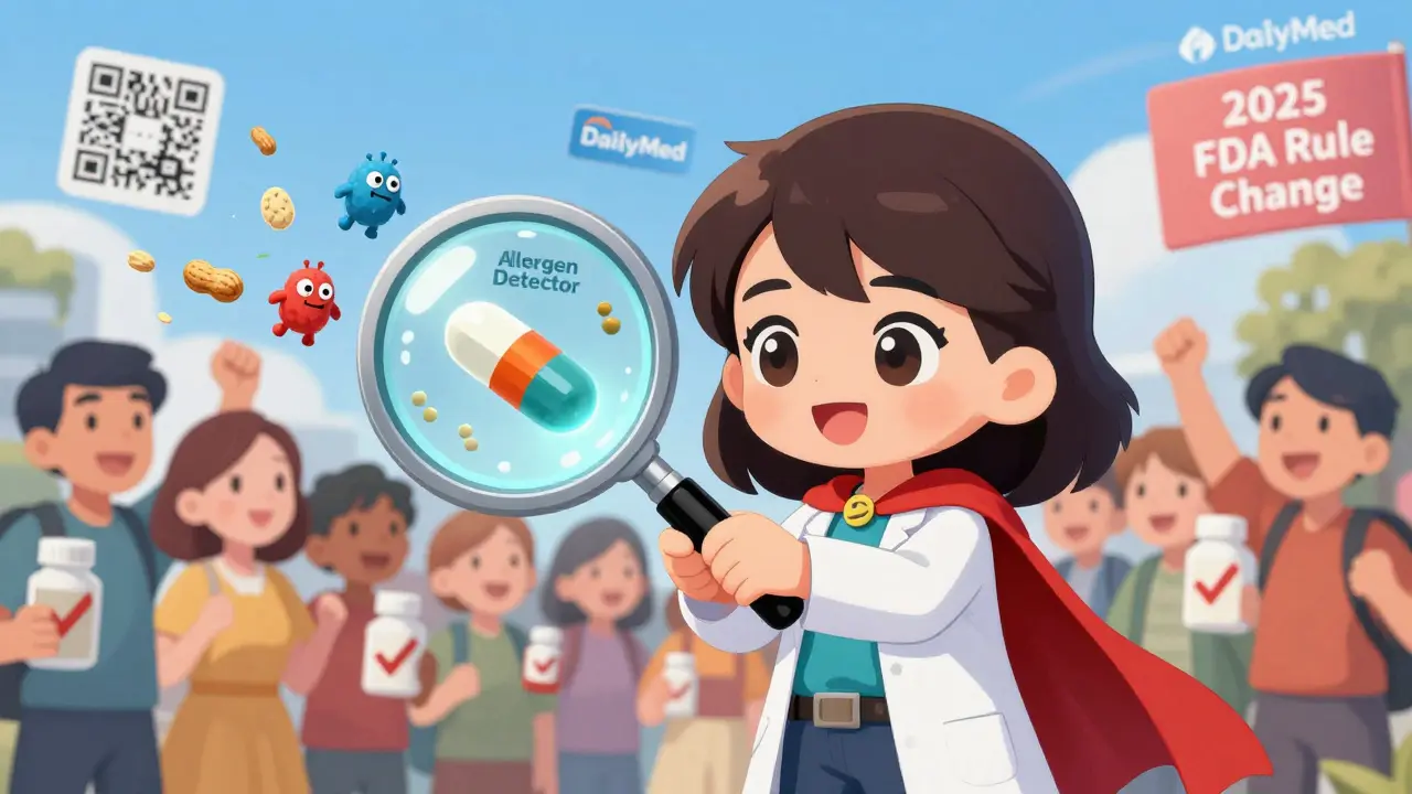 Superheroine revealing allergen monsters inside pills with a glowing detector