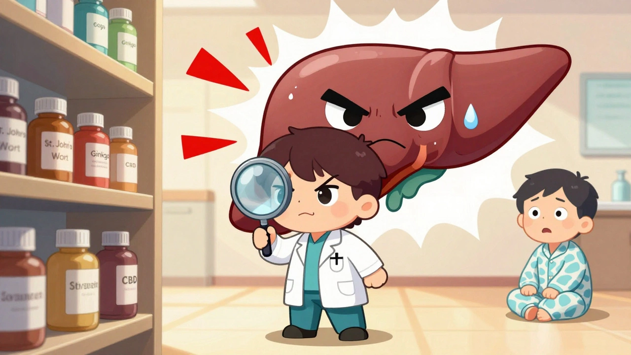 Tiny doctor examining supplement bottles as a giant angry liver explodes with interaction symbols.