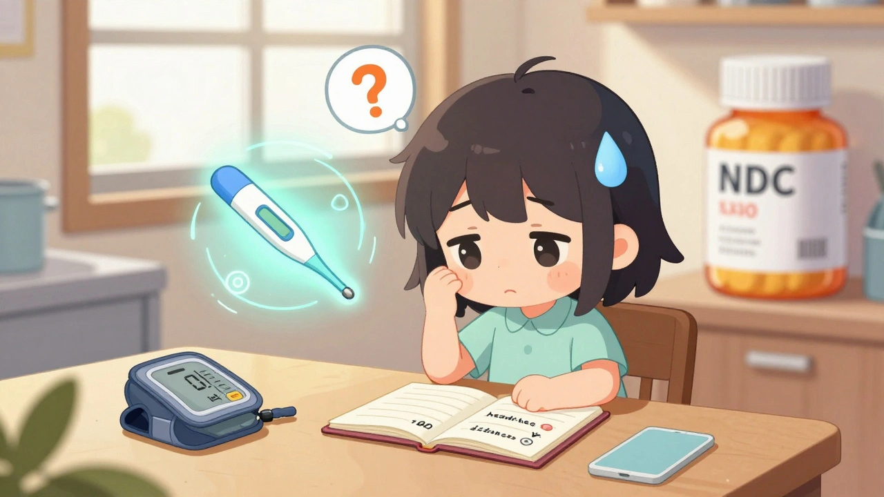 Tiny patient writing symptoms in a notebook beside floating health monitoring icons