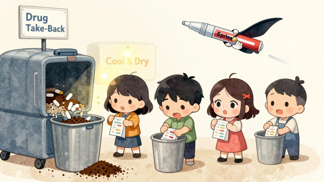 Tiny people disposing of expired meds safely while a heroic EpiPen flies to a take-back program sign.