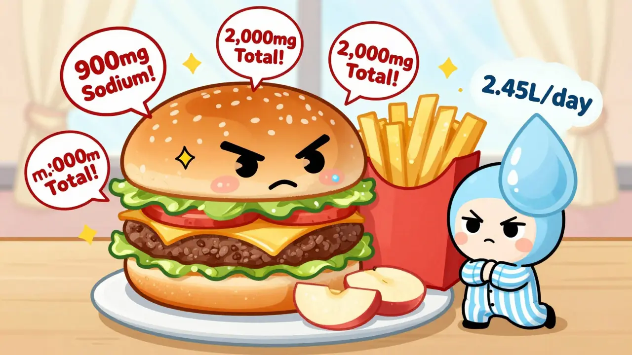 Tiny person avoiding fast food, choosing rice cakes and apples while warning signs flash about sodium overload.