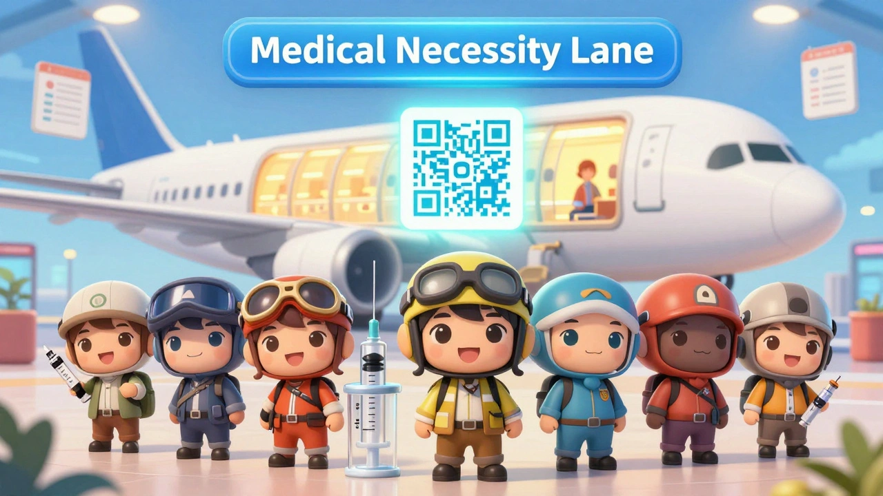 Travelers with medical supplies passing through a glowing Medical Necessity lane