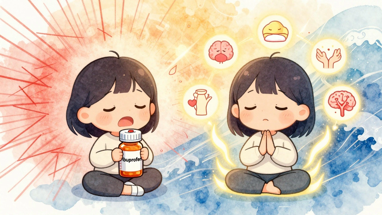 Two chibi figures contrasting pill overuse with mindfulness, floating health icons around them.