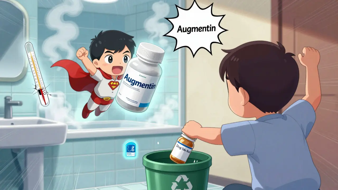 A superhero medicine bottle escaping heat, being safely disposed of in a take-back bin.