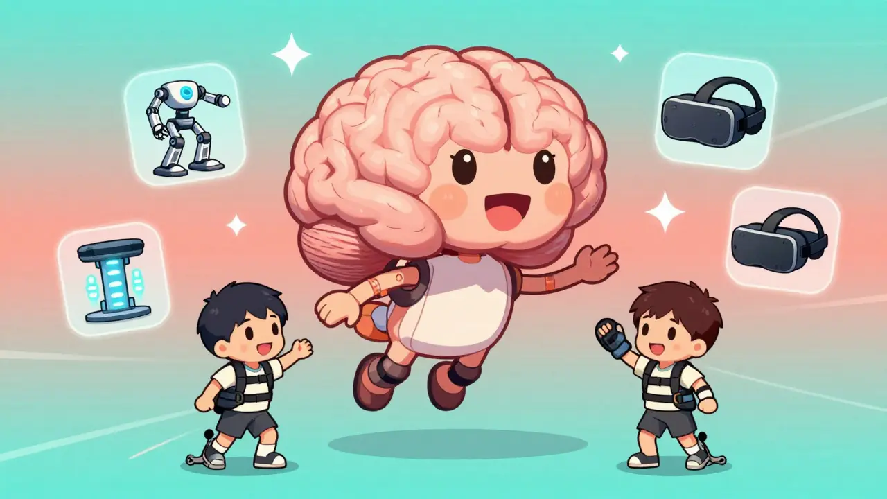 Cartoon brain guiding therapy activities with floating rehab tools, representing neuroplasticity and movement retraining.