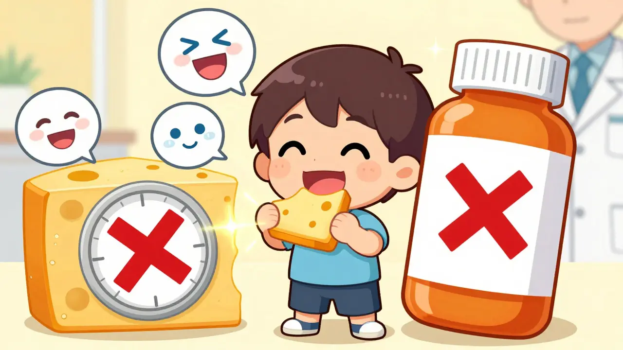 Chibi character happily eating cheese with a safety patch, while an old pill is crossed out.