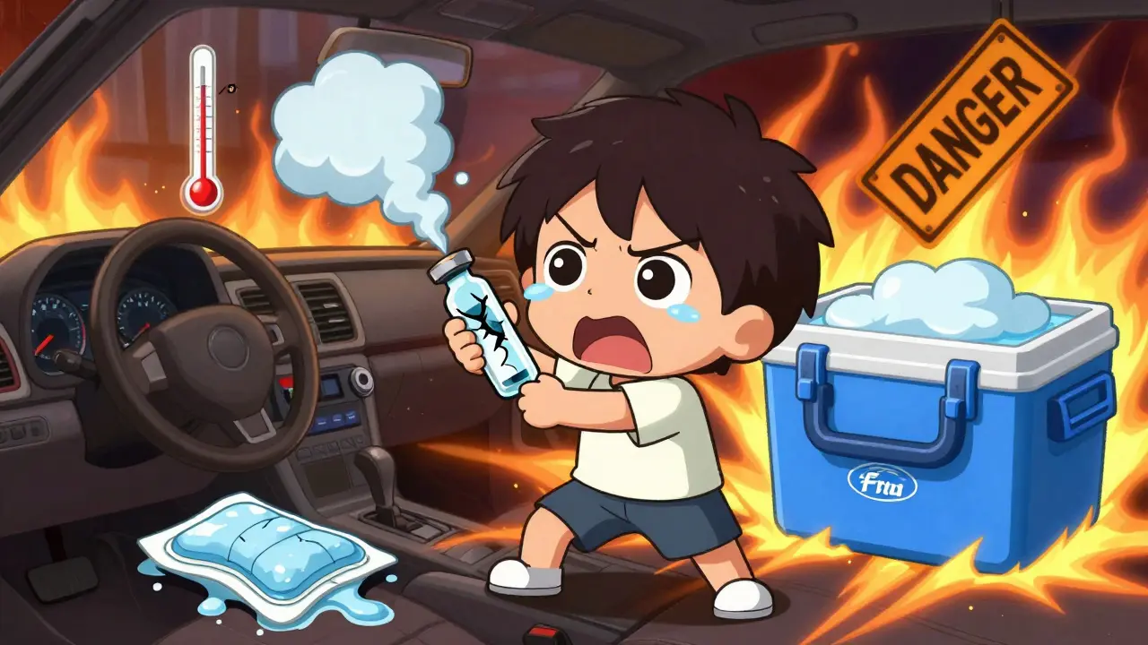 Chibi character horrified as spoiled insulin emits danger smoke beside overheated car interior.