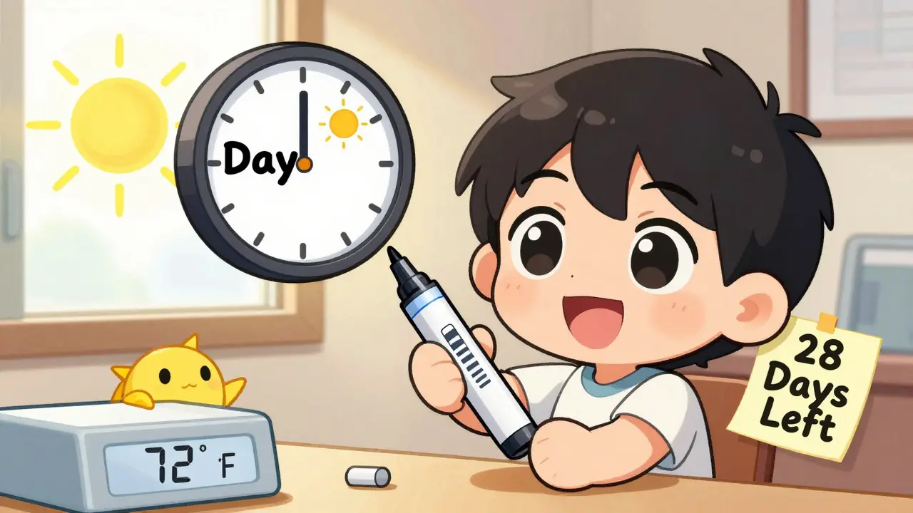 Chibi character marking opening date on insulin pen with cheerful sunlit counter in background.