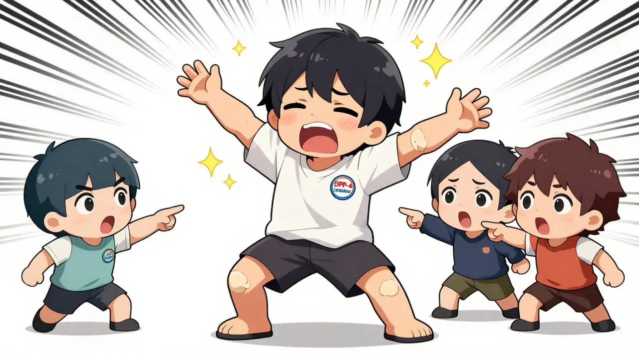 Chibi character with swollen joints reacting to diabetes pills