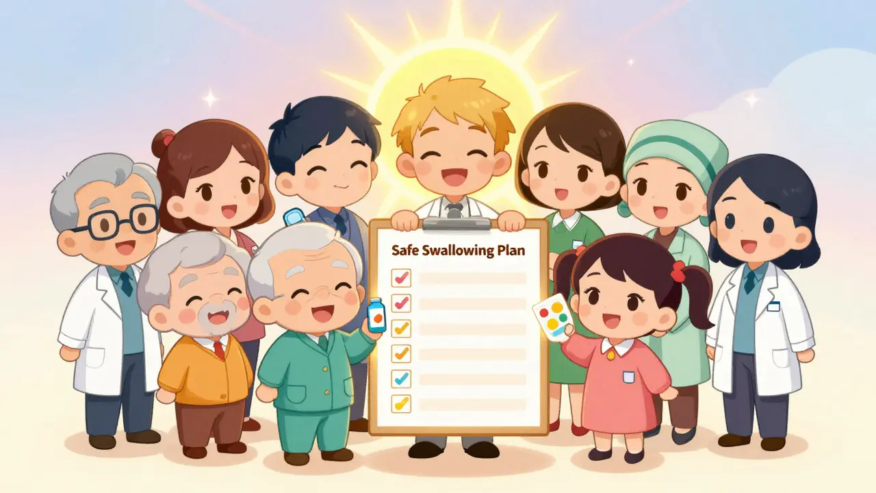 Chibi characters holding a safety checklist with liquid meds, patches, and dissolving films under a rising sun of hope.