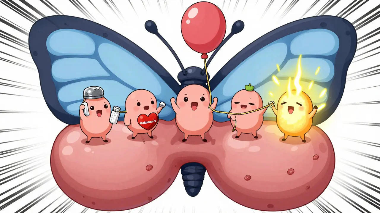 Chibi characters representing goiter causes pulling on a rope to shrink a balloon-like thyroid, set on a butterfly-shaped gland.
