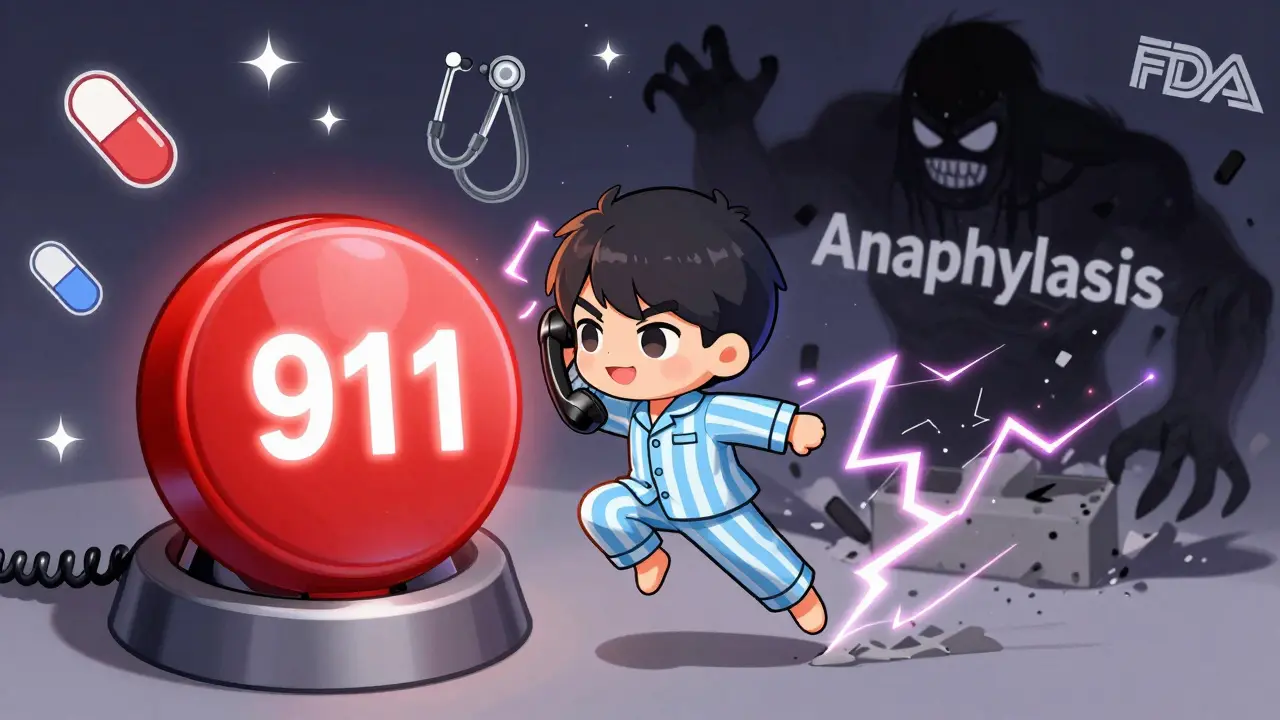 Chibi hero rushing to call 911 as a scary reaction monster disappears in a puff of light.