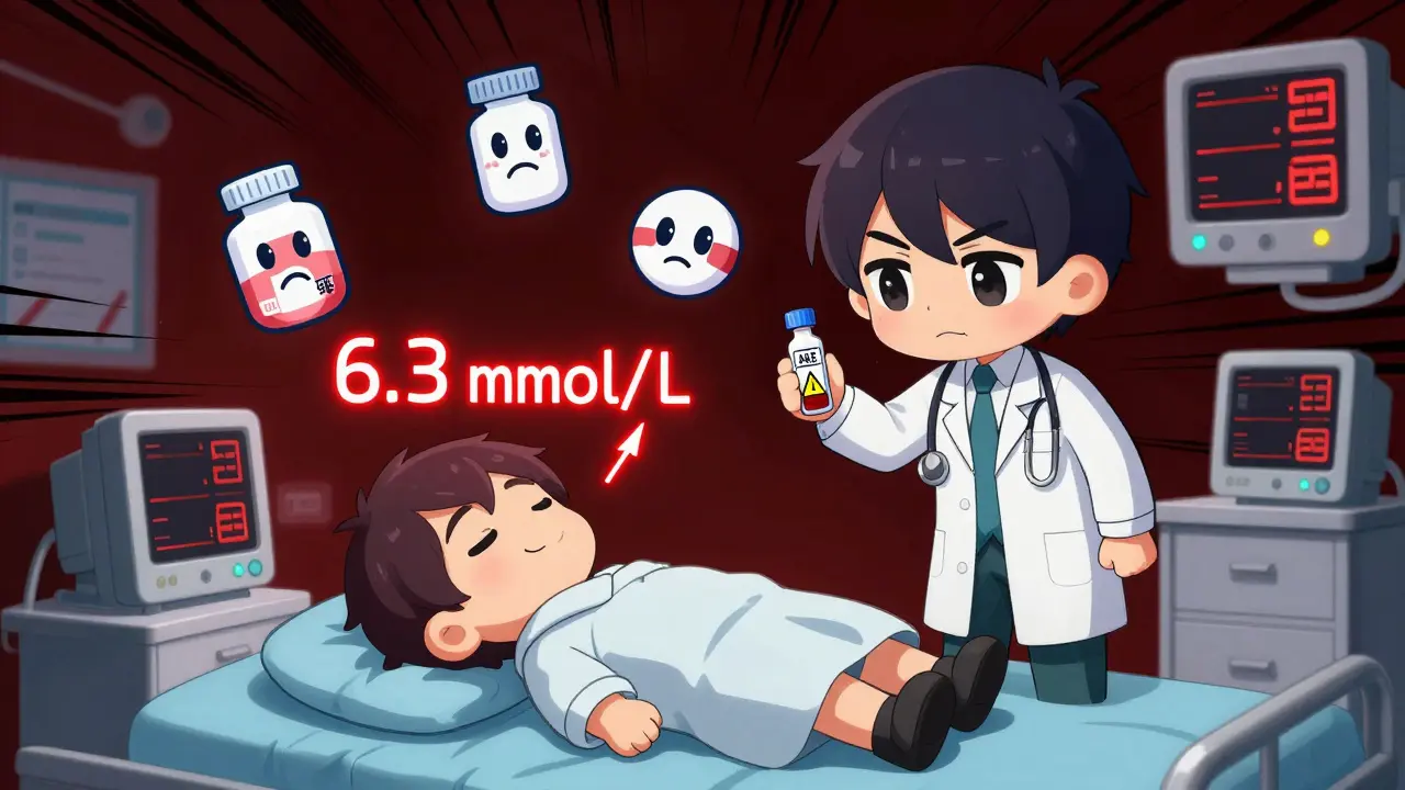 Chibi patient in hospital with high potassium levels flashing, doctor holding blood test.