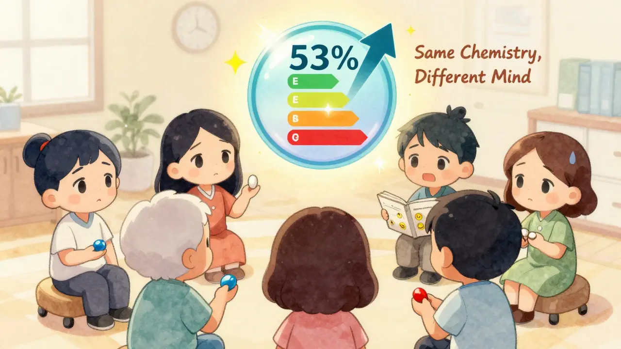 Chibi patients with colored pills and a glowing FDA badge, one holding a symptom journal with daily smiley faces tracking improvement.