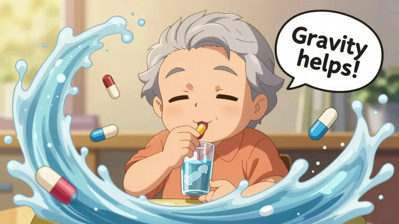 Chibi senior using the lean-forward technique to swallow a pill with a magical water stream and safe medication icons in background.