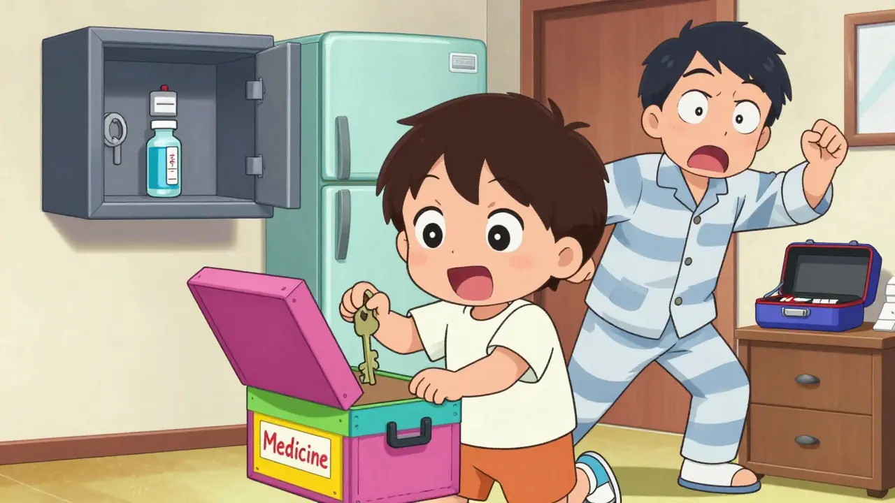 Child opening a locked medicine box while parent rushes in, colorful cartoon style.