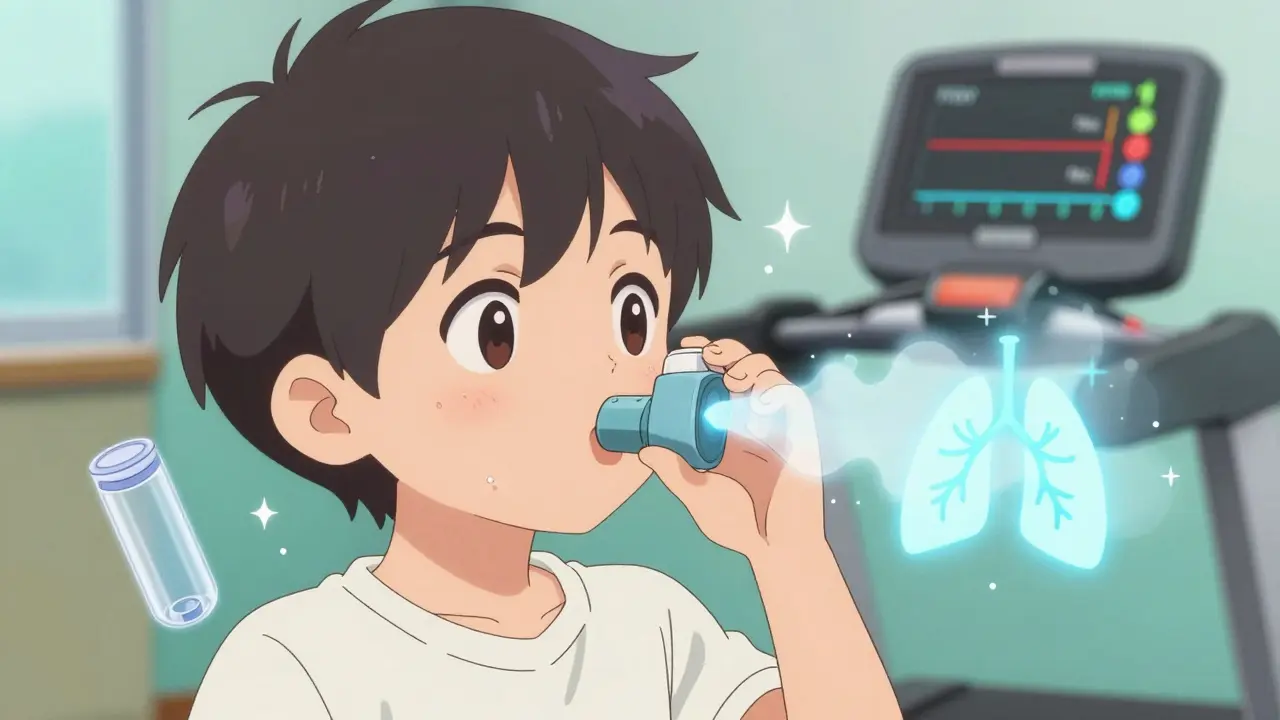 Close-up of teen using inhaler correctly with spacer, glowing mist entering lungs, FEV1 meter in background.