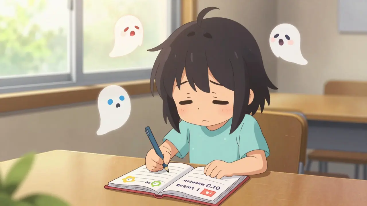 Cute character writing in a symptom diary with friendly cartoon side effects fading away.