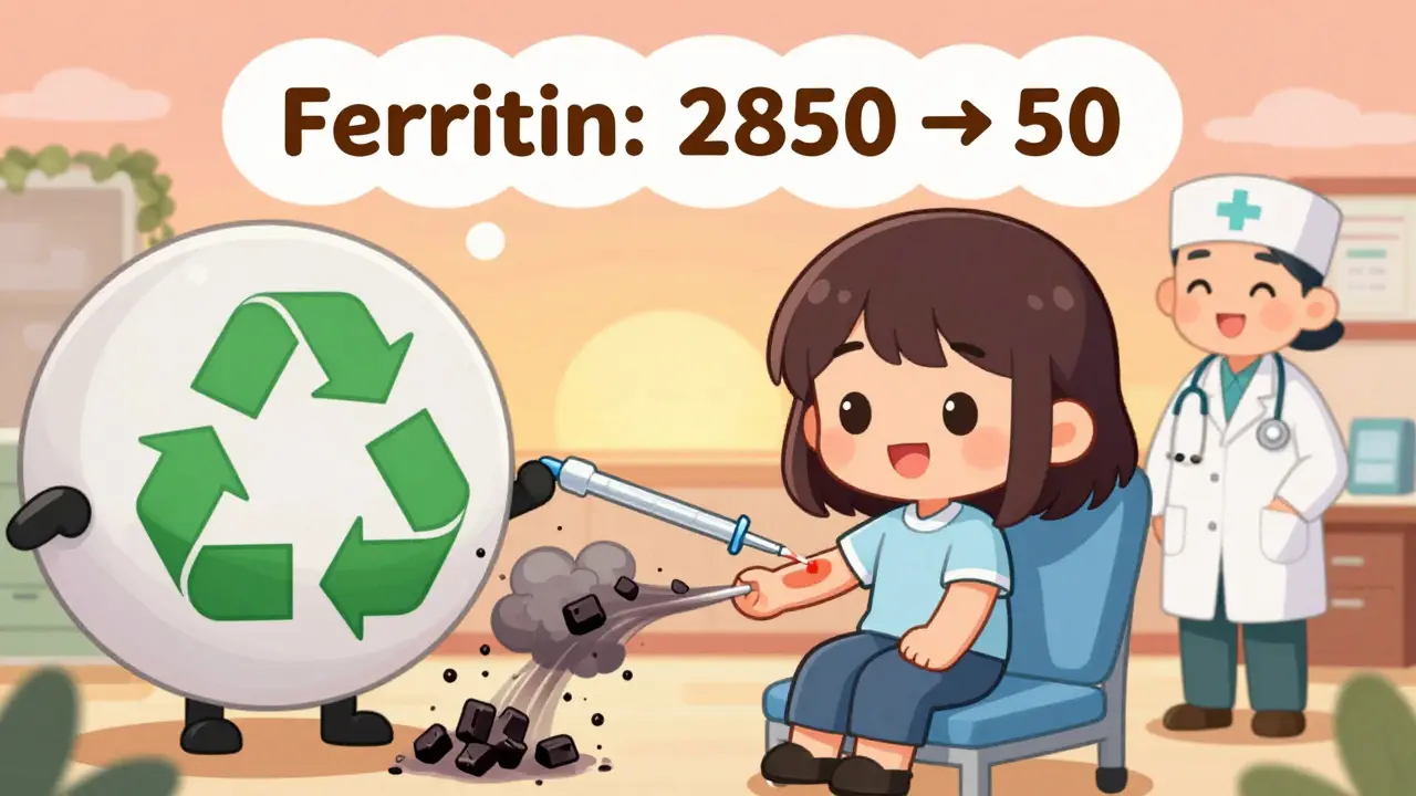 Cute patient getting blood drawn, iron particles vanishing as they smile.