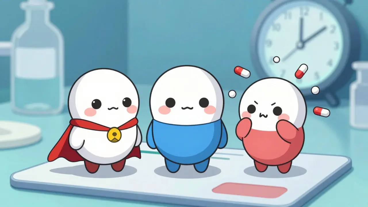 Cute pill characters representing antivirals with a 72-hour clock