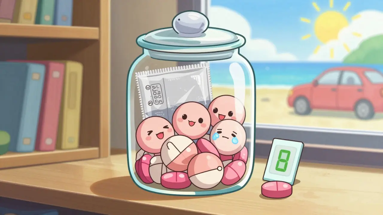 Cute pills protected by silica gel in a closet, with humidity warning card turning pink.