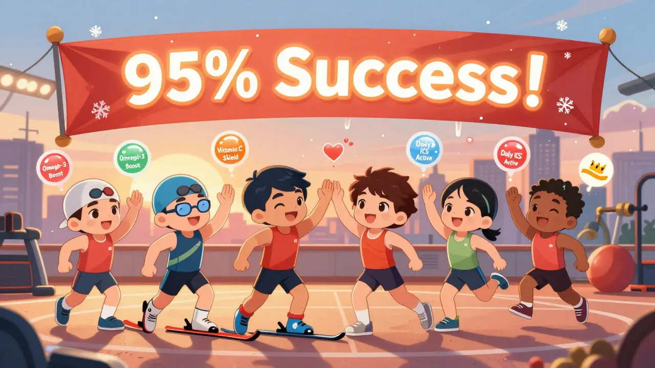 Diverse athletes celebrating with health badges, glowing success banner, warm sunset background.