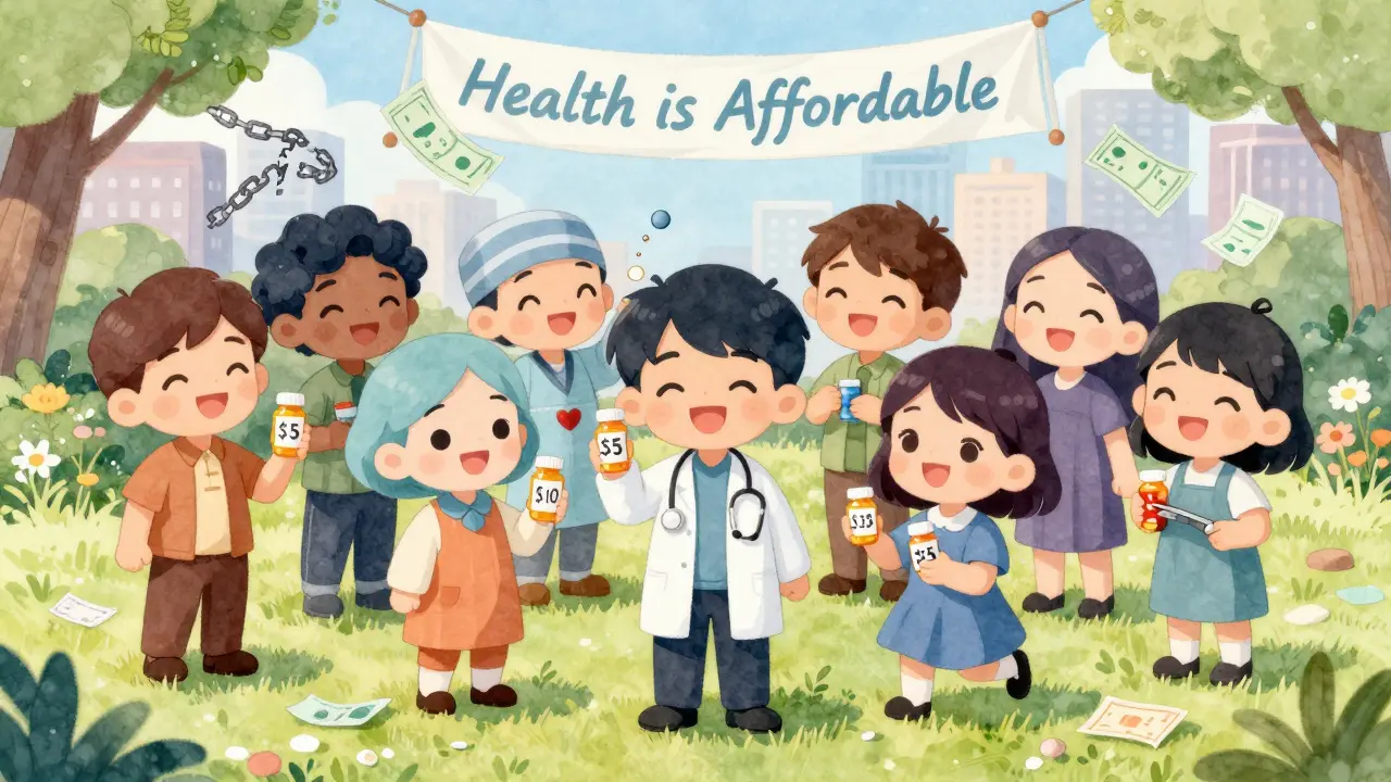 Diverse group of chibi patients taking affordable generics in a sunny park.