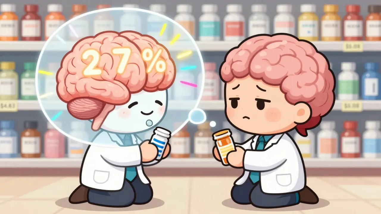 Doctor and patient with a thought bubble showing a bright brain for brand pills and a dull one for generics, surrounded by price-tagged bottles.