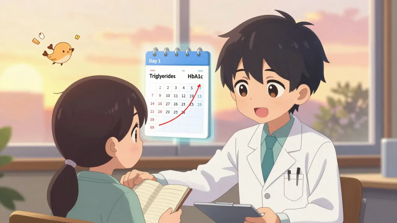 Doctor comforting patient with food journal and blood test results floating nearby