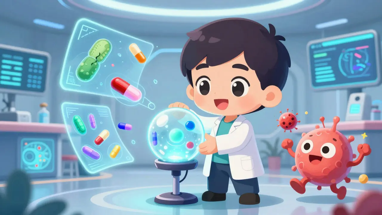 Doctor holding a stool sample with holographic probiotics and drug molecules nearby.