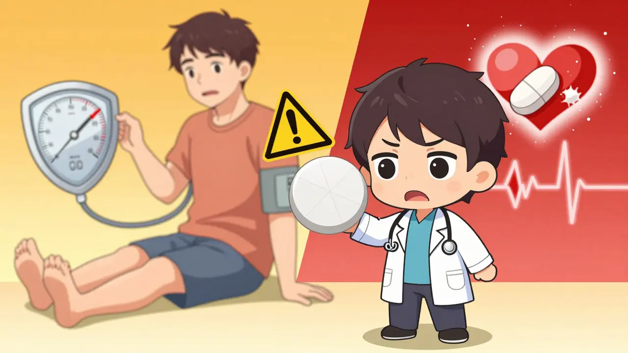 Doctor holding sodium bicarbonate tablet as patient shows swelling and high blood pressure warning.