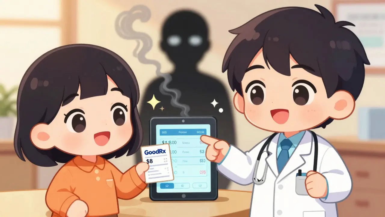 Doctor shows price tablet to patient with GoodRx receipt as ER bill fades away.