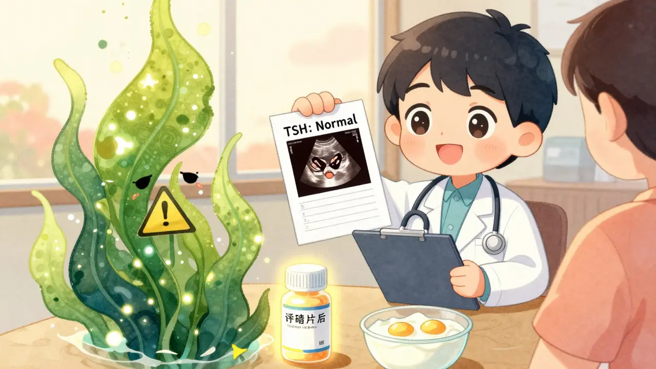 Doctor smiles as patient holds positive test results, with iodine supplement and healthy foods nearby while kelp fades away.