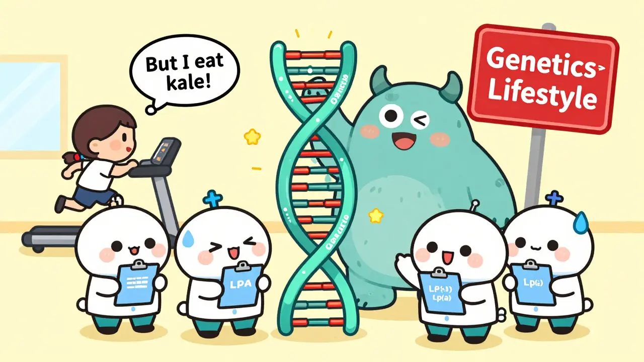 Doctors pointing at a gene causing a giant Lp(a) monster while a healthy person runs