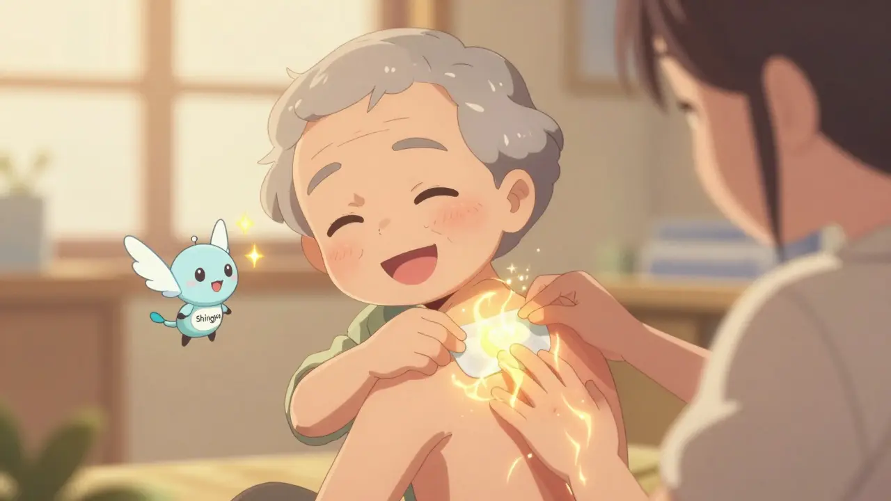 Elderly person using lidocaine patch with Shingrix vaccine sprite