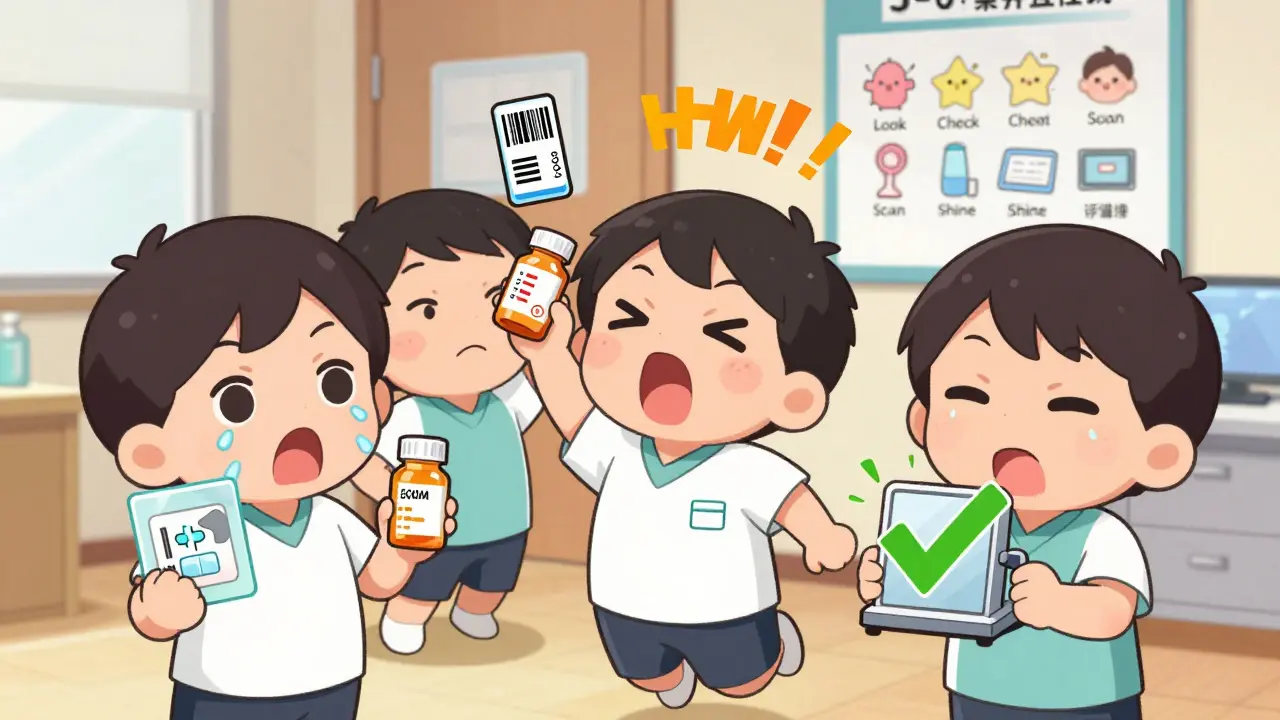 Group of chibi people reacting to counterfeit drug signs with comic-style drama.