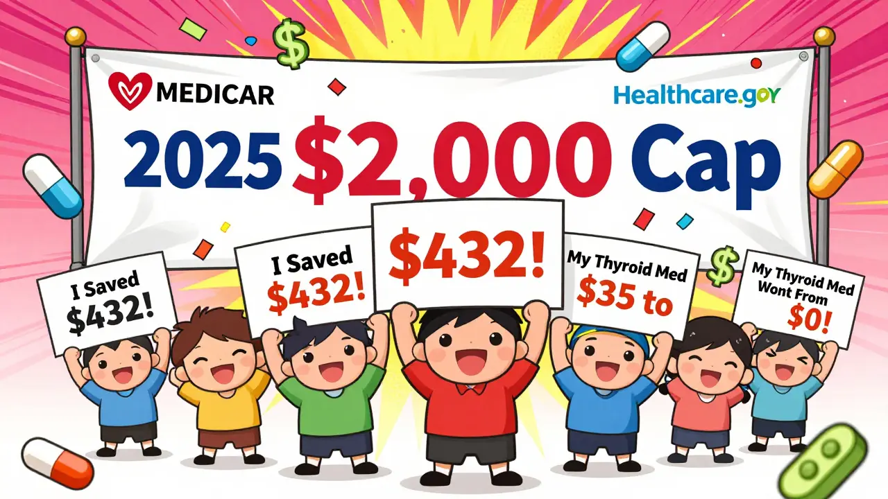 Happy chibi people celebrating savings with Medicare and healthcare logos.
