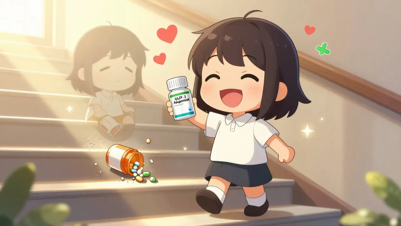 Happy patient walking upstairs as old pill fades away