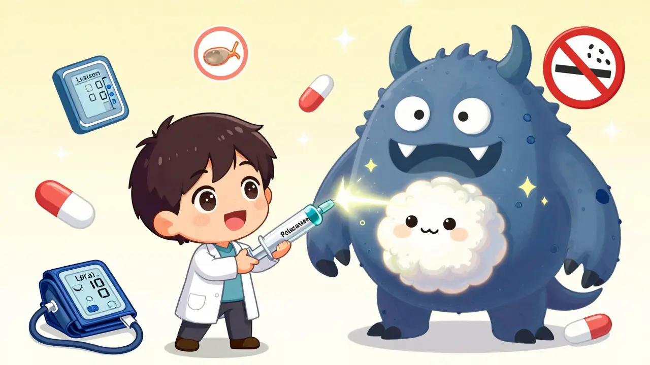 Hero using a special syringe to shrink an Lp(a) monster with health symbols nearby