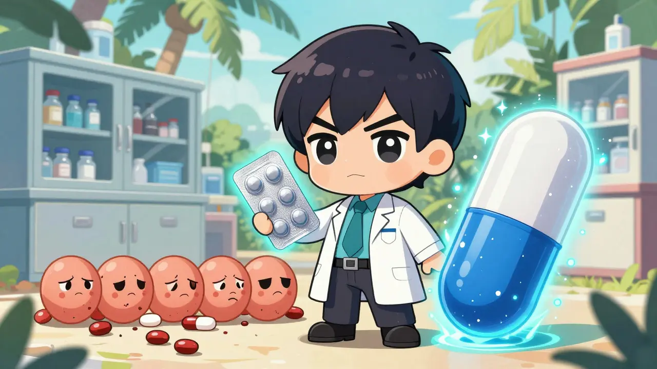 Heroic pharmacist defending medicine with moisture-blocking blister pack against degradation.