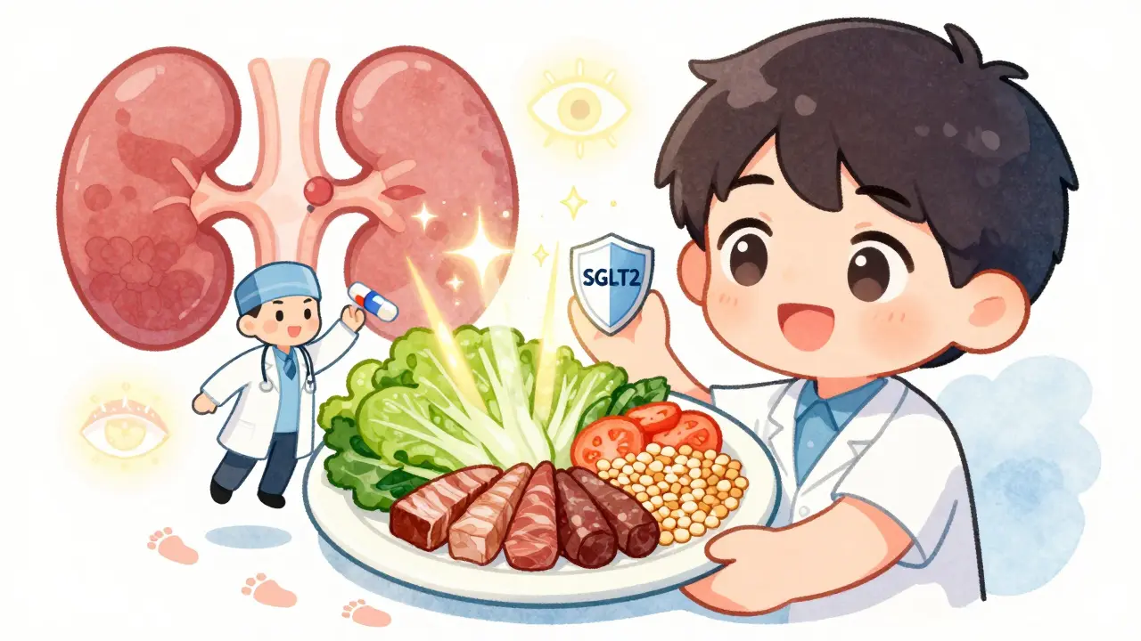 Person eating healthy plate with protective medication icons floating