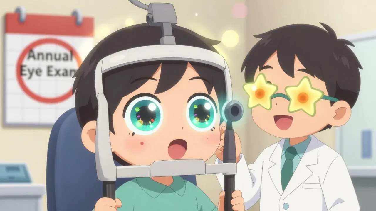 Person getting eye exam with glowing retinal vessels in background